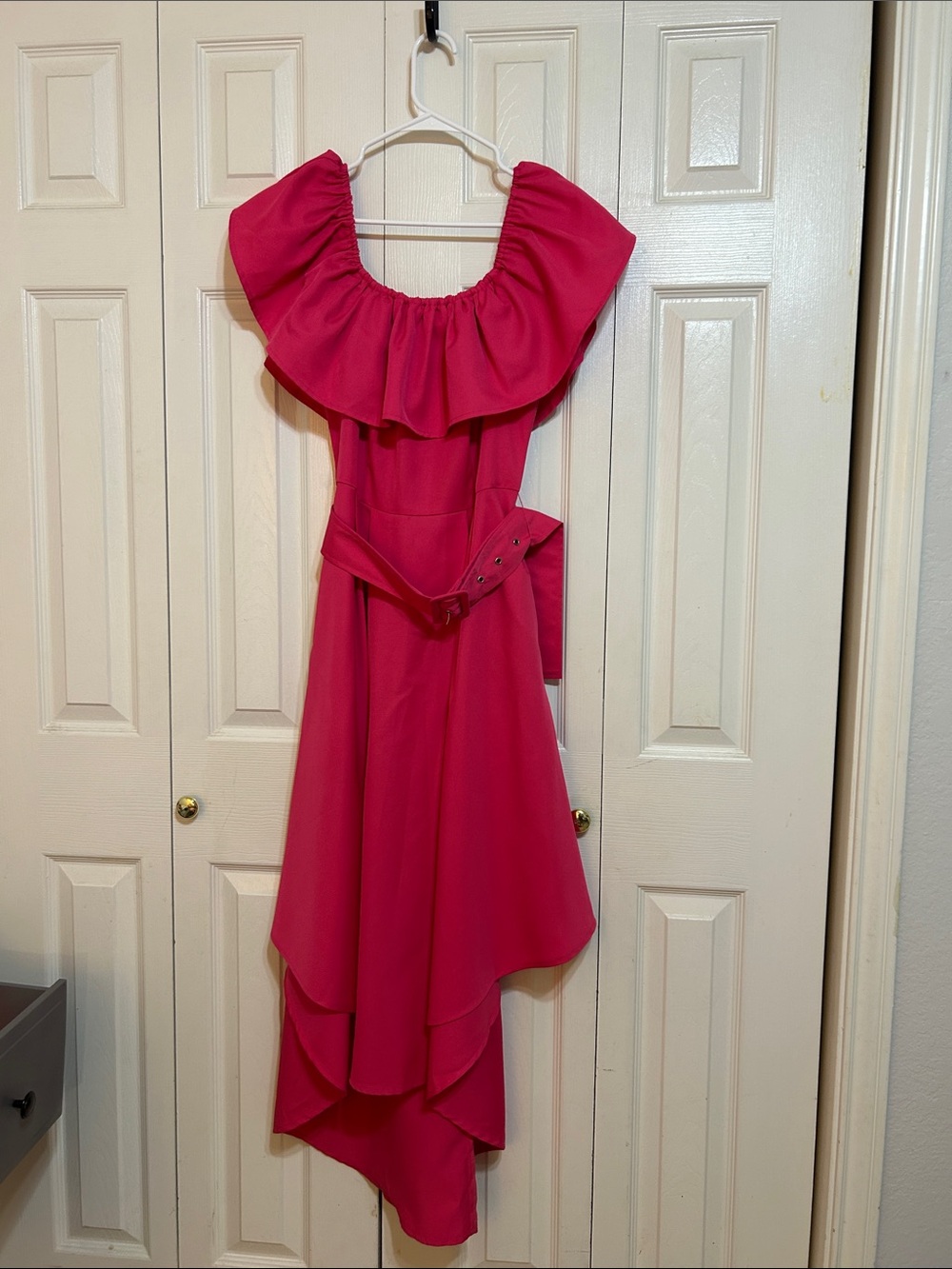 Ruffled Off-Shoulder High-Low Dress in Fuchsia